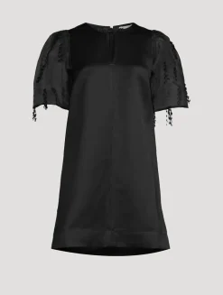 Organza-Sleeve Satin Shift Dress