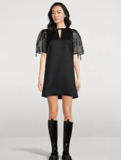 Organza-Sleeve Satin Shift Dress