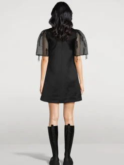 Organza-Sleeve Satin Shift Dress