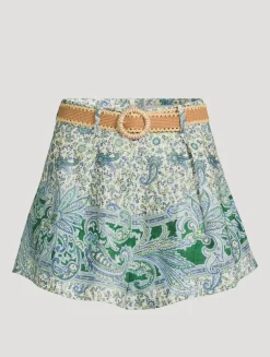 Ottie Belted Linen Shorts In Paisley Print
