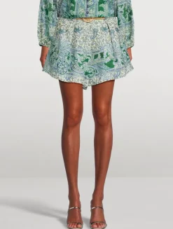 Ottie Belted Linen Shorts In Paisley Print