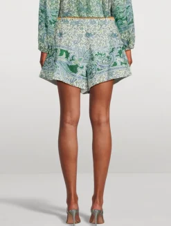 Ottie Belted Linen Shorts In Paisley Print