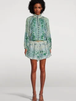 Ottie Belted Linen Shorts In Paisley Print