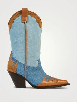 Patchwork Denim And Leather Western Boots
