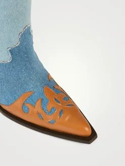 Patchwork Denim And Leather Western Boots
