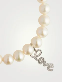 Pearl Bracelet With Mini 14K White Gold Diamond Love Charm