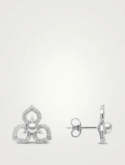 Petal 18K White Gold Akoya Pearl Earrings With Diamonds