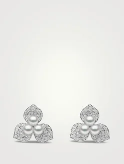 Petal 18K White Gold Akoya Pearl Earrings With Diamonds