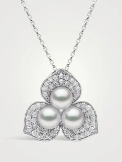 Petal 18K White Gold Akoya Pearl Necklace With Diamonds