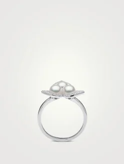 Petal 18K White Gold Akoya Pearl Ring With Diamonds