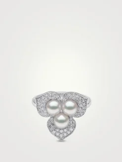 Petal 18K White Gold Akoya Pearl Ring With Diamonds