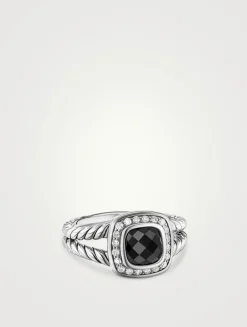 Petite Albion® Ring In Sterling Silver With Black Onyx And Pavé Diamonds