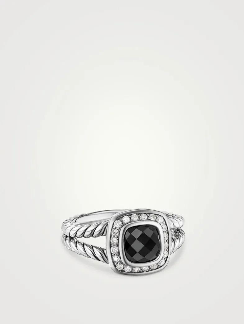 Petite Albion® Ring In Sterling Silver With Black Onyx And Pavé Diamonds