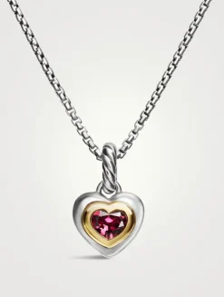Petite Cable Heart Pendant Necklace In Sterling Silver With 14k Yellow Gold And Rhodolite Garnet, 17.1mm