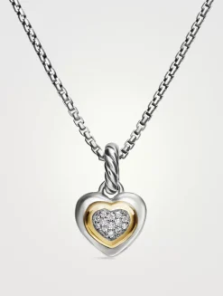 Petite Cable Heart Pendant Necklace In Sterling Silver With 14k Yellow Gold And Diamonds, 17.1mm