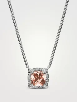 Petite Chatelaine® Pavé Bezel Pendant Necklace In Sterling Silver With Morganite And Diamonds, 7mm