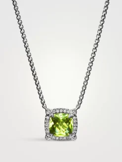 Petite Chatelaine® Pavé Bezel Pendant Necklace In Sterling Silver With Peridot And Diamonds, 7mm