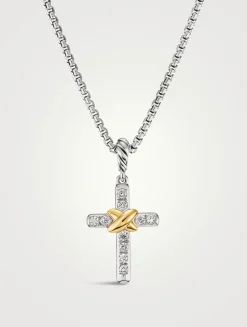 Petite Cross Necklace In Sterling Silver With 18k Yellow Gold With Diamonds, 20.8mm