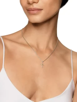 Petite Cross Necklace In Sterling Silver With 18k Yellow Gold With Diamonds, 20.8mm