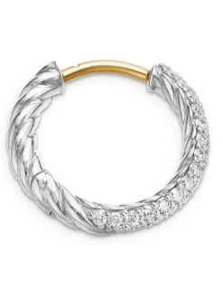 Petite Pavé Huggie Hoop Earrings In Sterling Silver With Diamonds, 14mm
