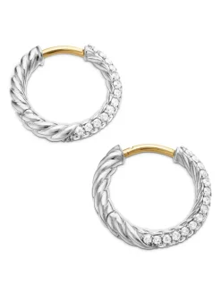 Petite Pavé Huggie Hoop Earrings In Sterling Silver With Diamonds, 14mm