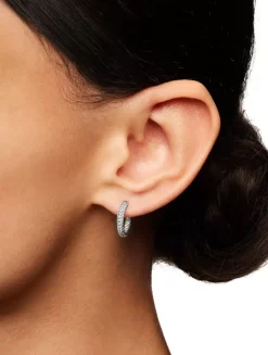 Petite Pavé Huggie Hoop Earrings In Sterling Silver With Diamonds, 14mm