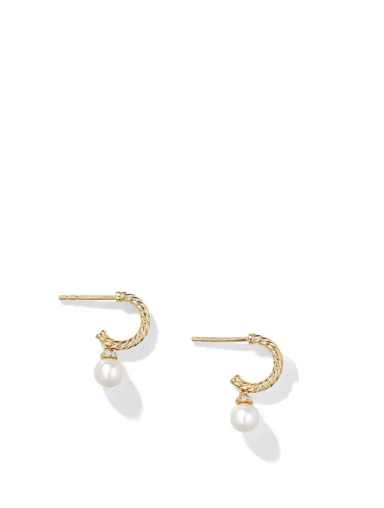 Petite Solari Hoop Drop Earrings In 18k Yellow Gold With Pearls And Pavé Diamonds