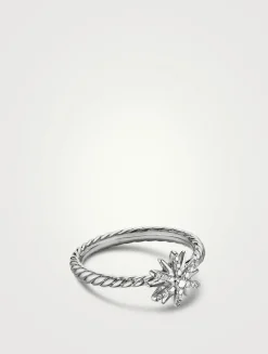 Petite Starburst Ring In Sterling Silver With Pavé Diamonds