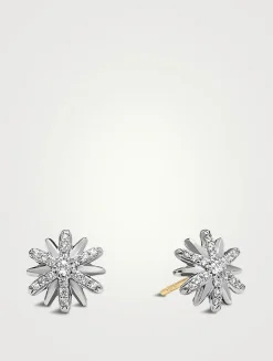 Petite Starburst Stud Earrings In Sterling Silver With Pavé Diamonds