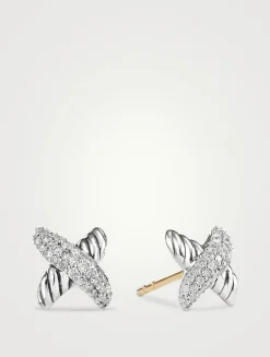Petite X Stud Earrings In Sterling Silver With Pavé Diamonds