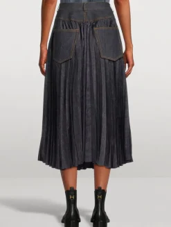 Pleated Denim Midi Skirt