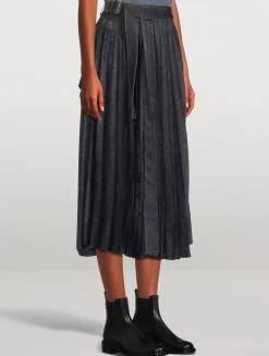 Pleated Denim Midi Skirt