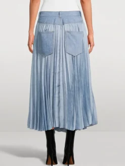 Pleated Denim Midi Skirt