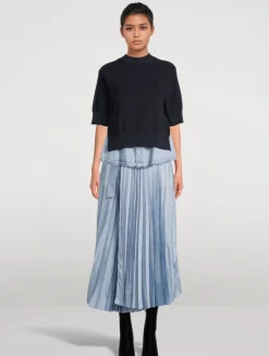 Pleated Denim Midi Skirt