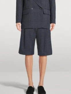 Pleated Linen Shorts In Glen Check Print