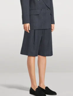 Pleated Linen Shorts In Glen Check Print