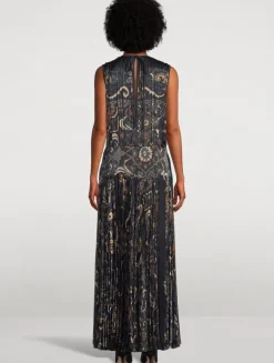 Pleated Satin Maxi Dress In Floral Print