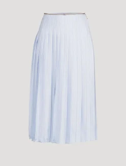 Pleated Silk Twill Midi Skirt In Stripe Print