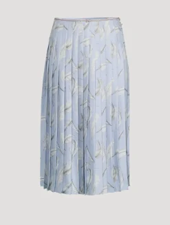 Pleated Silk Twill Midi Skirt In Feather Print