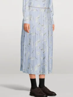 Pleated Silk Twill Midi Skirt In Feather Print