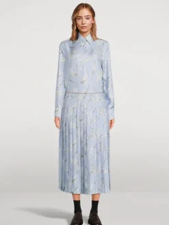 Pleated Silk Twill Midi Skirt In Feather Print