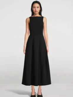 Pleated Technical Cady Midi Dress