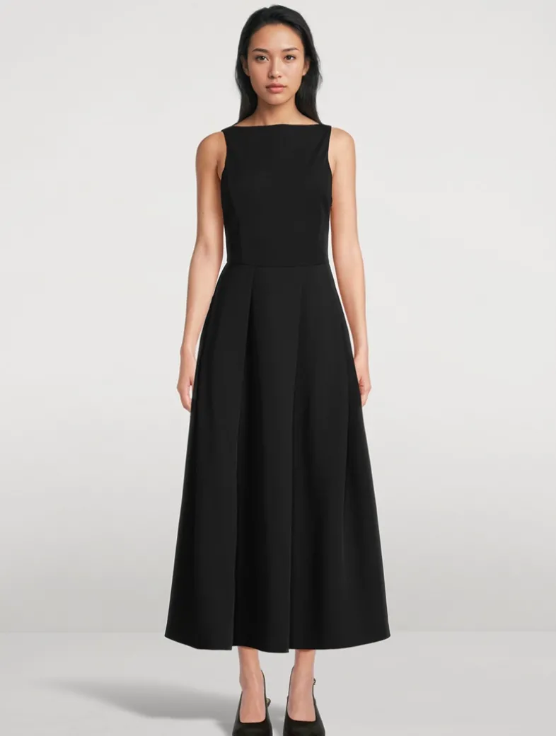 Pleated Technical Cady Midi Dress