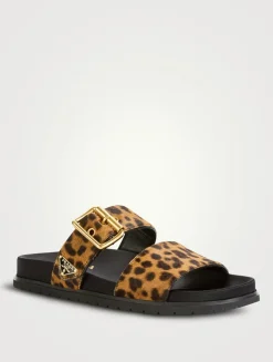 Pony Hair Slide Sandals In Leopard Print