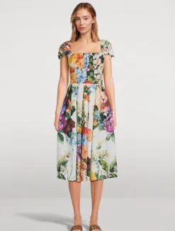 Poplin Midi Dress In Flower Bouquet Print