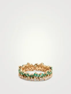 Princess Short Stack 18K Gold Ring With Emeralds And Diamonds