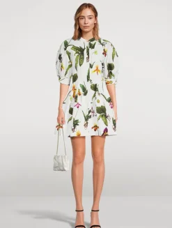 Puff-Sleeve Poplin Mini Dress In Orchid Print