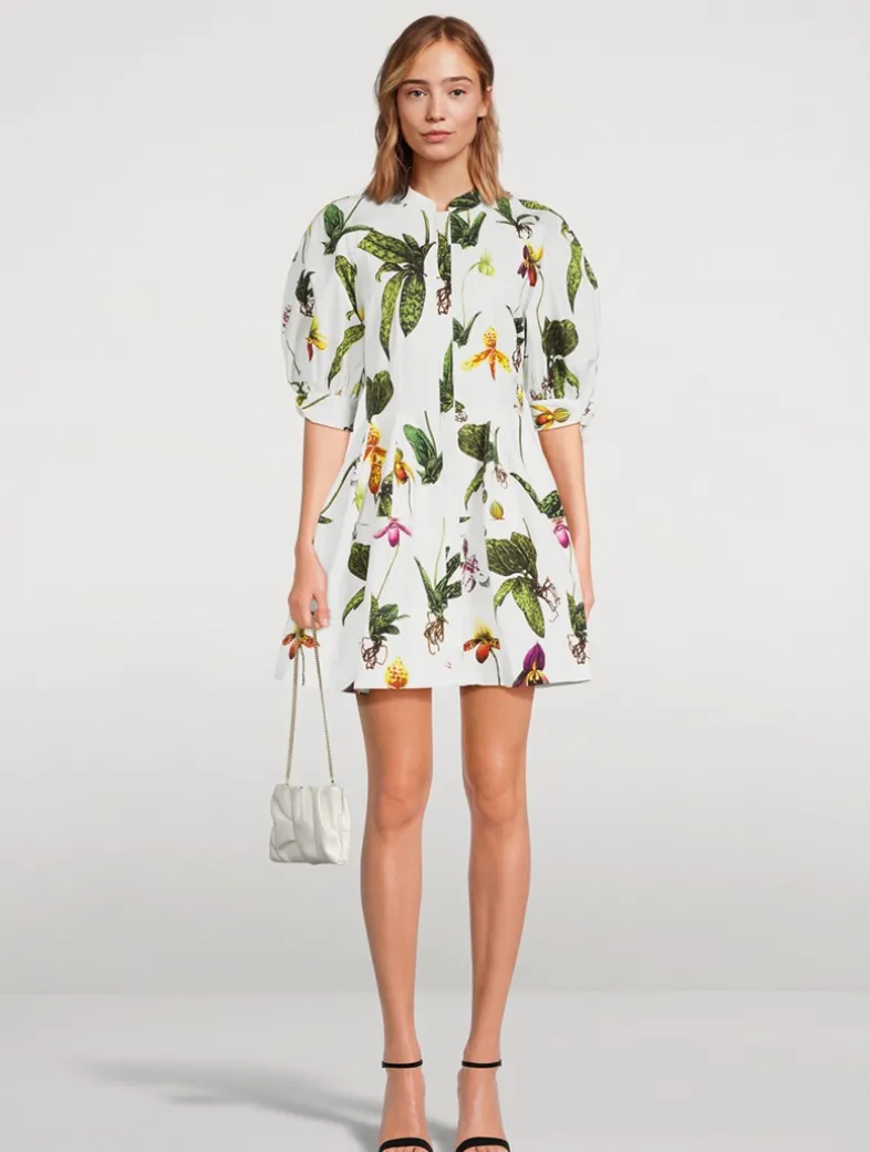 Puff-Sleeve Poplin Mini Dress In Orchid Print