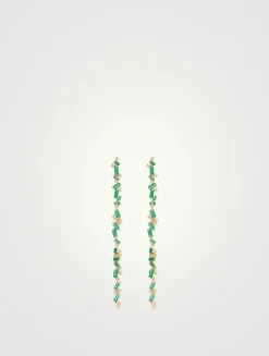 Rainbow Fireworks 18K Gold Linear Drop Earrings With Emeralds And Diamonds