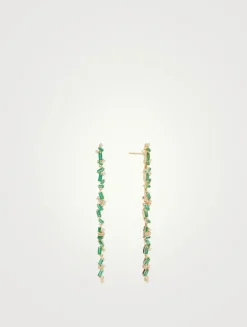 Rainbow Fireworks 18K Gold Linear Drop Earrings With Emeralds And Diamonds